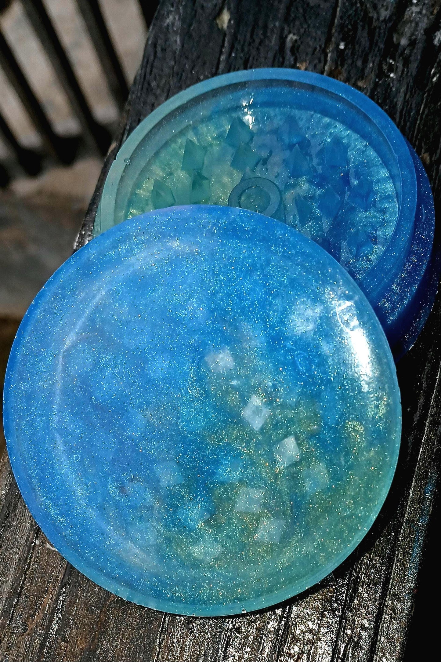 Handmade Grinder Epoxy Resin. Light Blue, Light Green (Sea Green) Resin Mica Powder Coloring, Unique, One of a Kind Item.