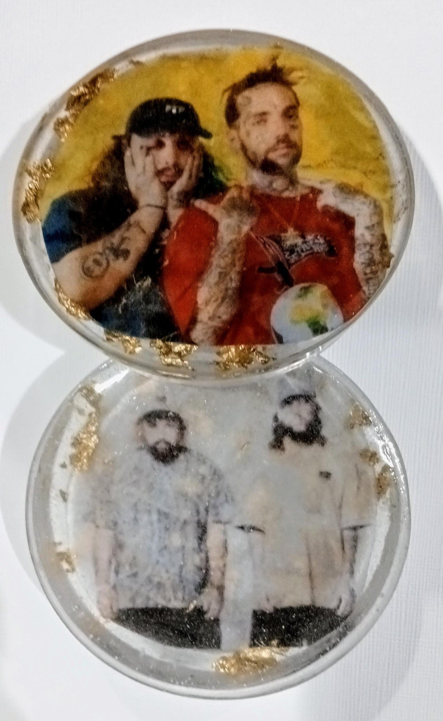 Handmade Epoxy Resin Grinder w/embedded Suicideboys photo. Clear Resin w/Gold Flake