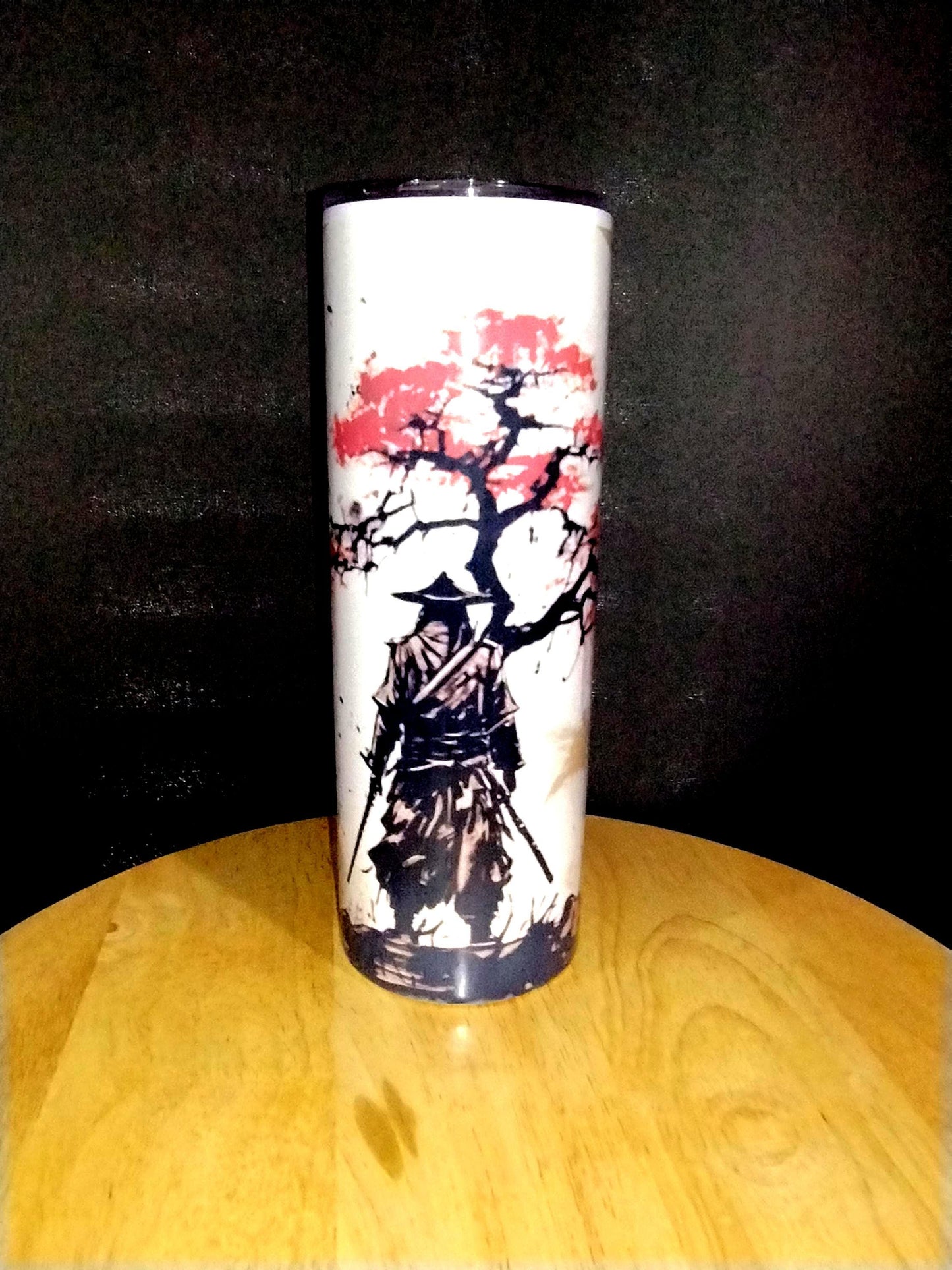20oz Samurai and Cherry Blossom, Double Walled Tumbler with lid and straw. Rising Sun, Traditional Japanese Art. Custom Design