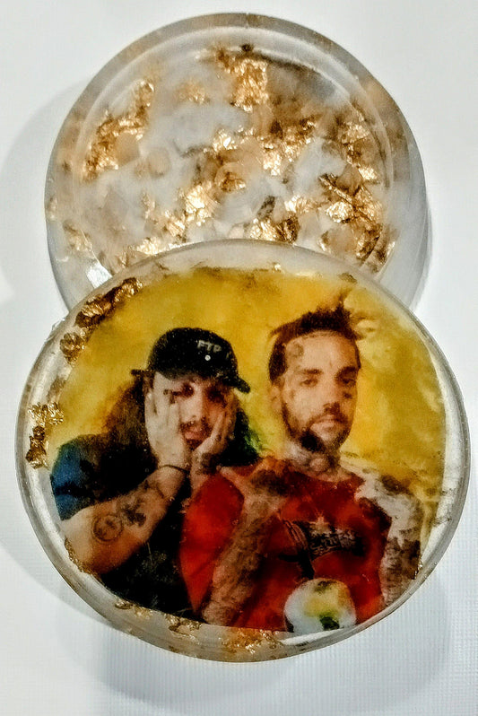 Handmade Epoxy Resin Grinder w/embedded Suicideboys photo. Clear Resin w/Gold Flake