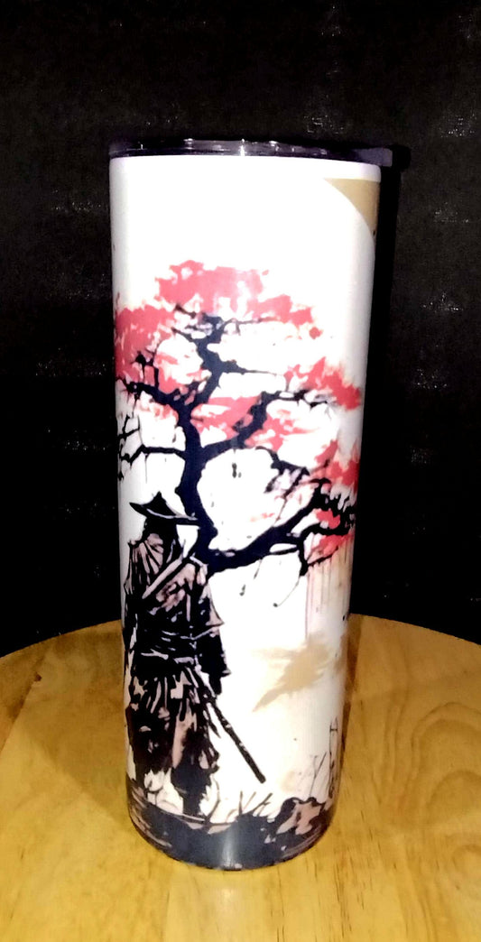 20oz Samurai and Cherry Blossom, Double Walled Tumbler with lid and straw. Rising Sun, Traditional Japanese Art. Custom Design